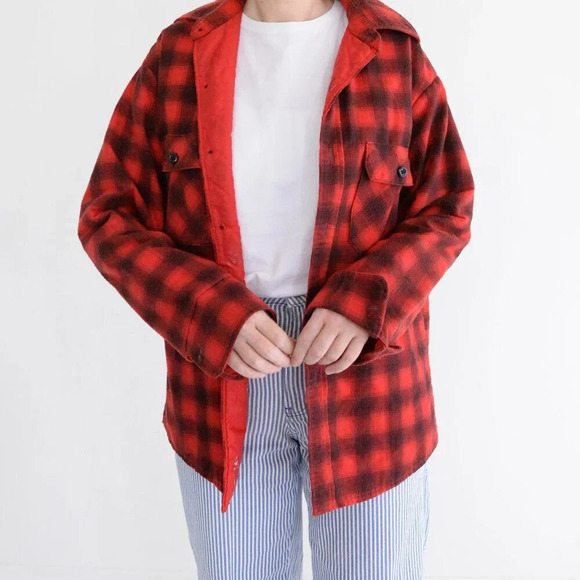 Vintage 70S Red & Black Buffalo Plaid Gorpcore Flannel Lined Button Up Shacket M - Picture 2 of 16